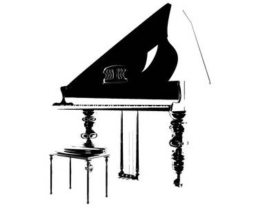 A black and white drawing of a piano